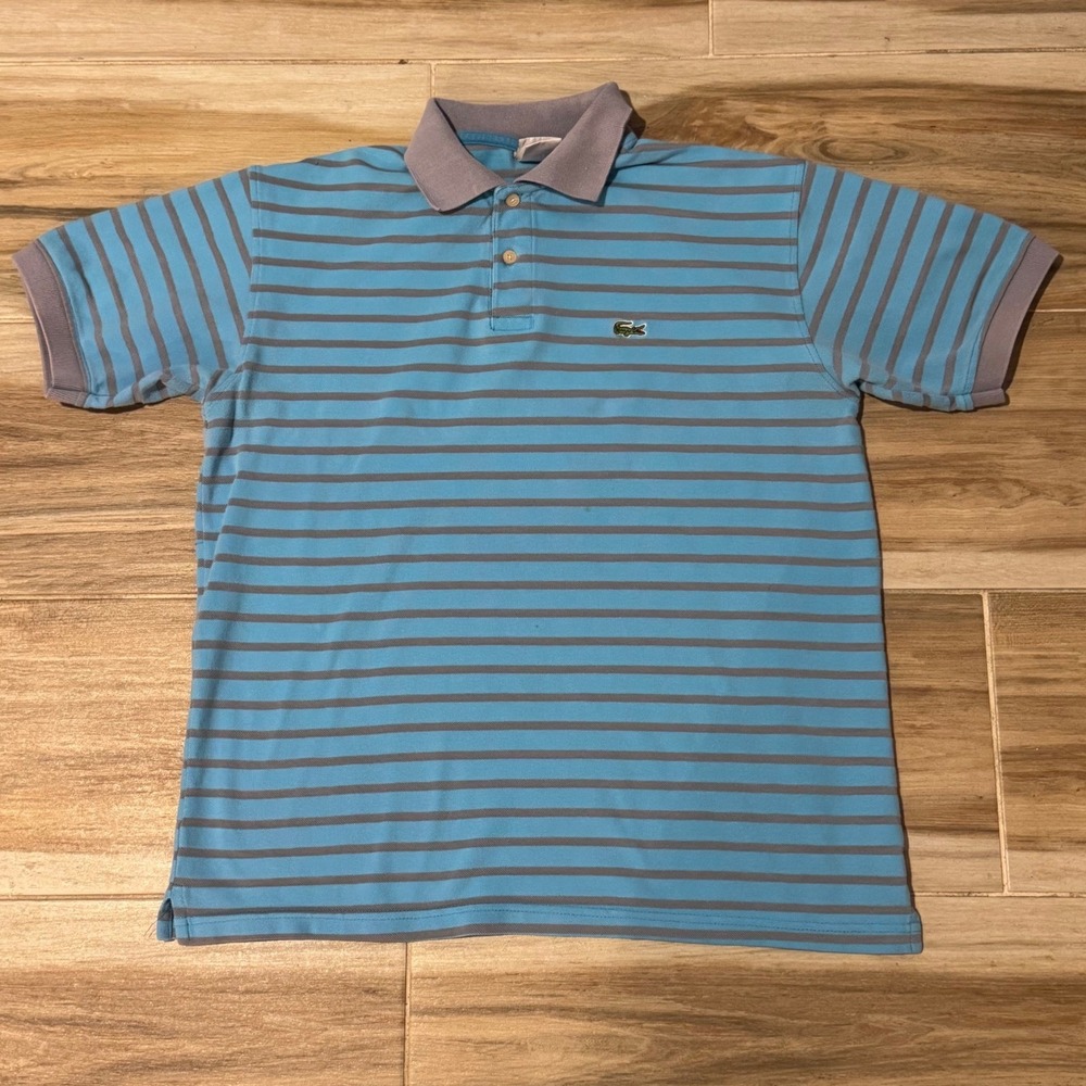 Lacoste Mens Striped Polo Shirt Blue Grey Size 8 Pique Cotton Short Sleeve Logo